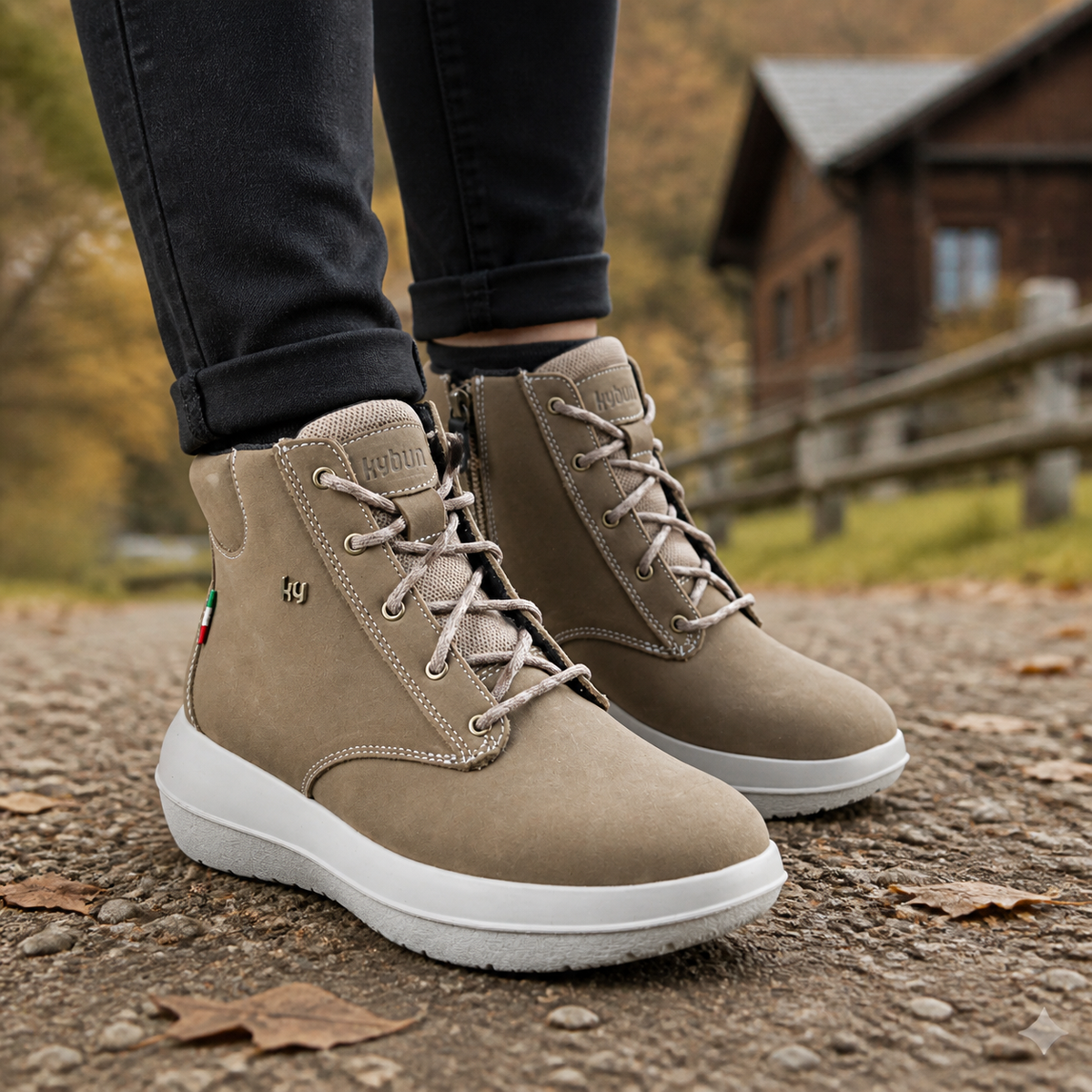 kybun Elm taupe, Damenstiefel, am Fuss