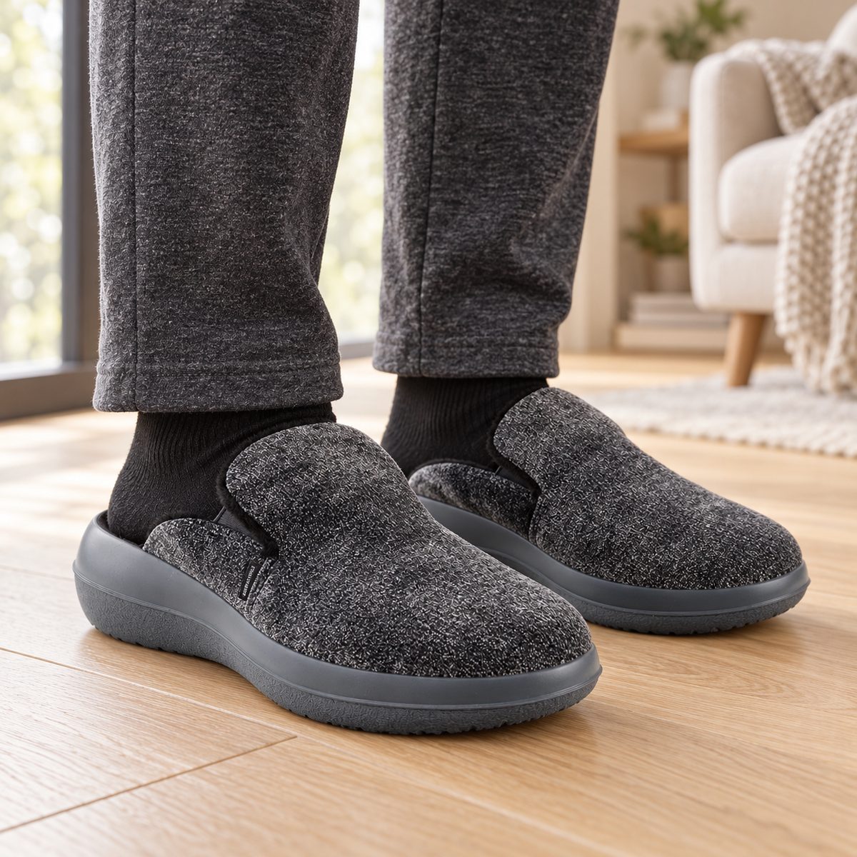 kybun Wengen grey, Herren-Hausschuh, am Fuss